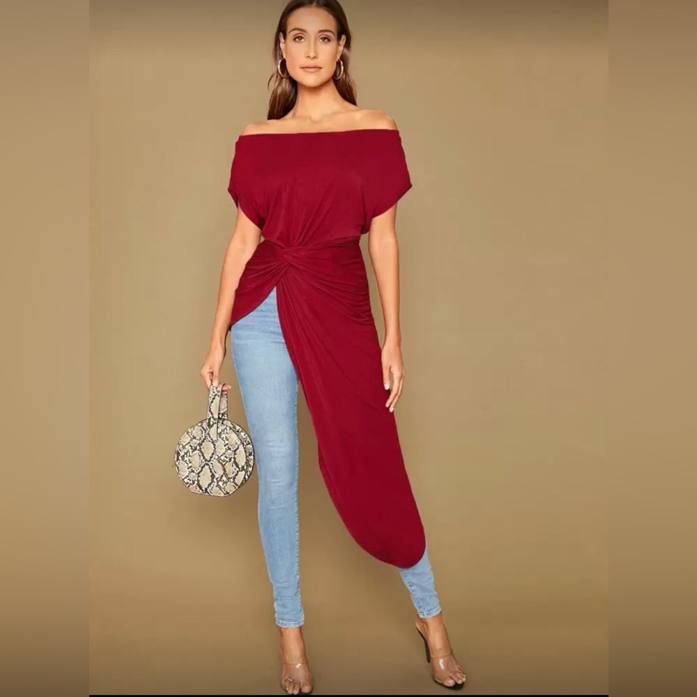 Twist Front Asymmetrical Hem Bardot Top in Red